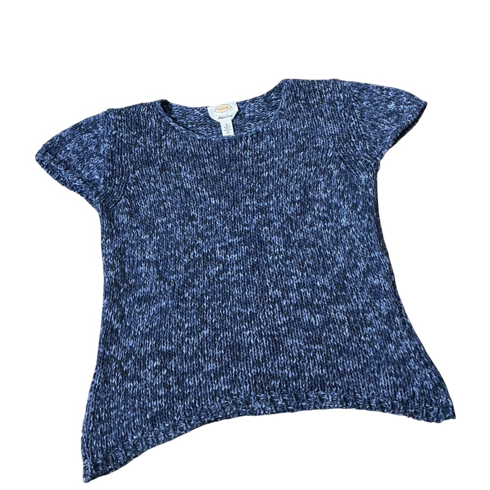 Talbots Marled Knit Short Sleeve Sweater Womens M Coastal Blue Italy Crew Neck